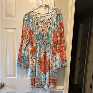 SHEIN Vibrant Long Bell Sleeve Dress - Blue and Orange
